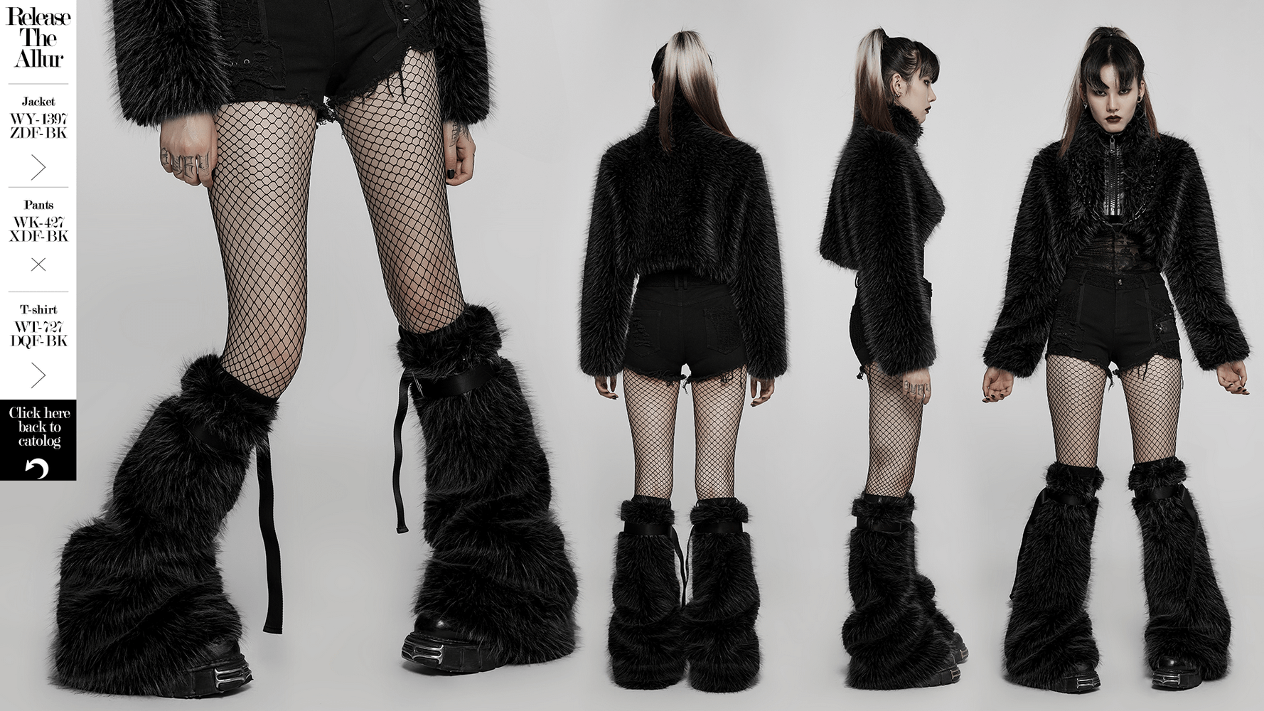 Gothic warm leg warmers with detachable loops, styled punk fashion with faux fur and fishnet details.