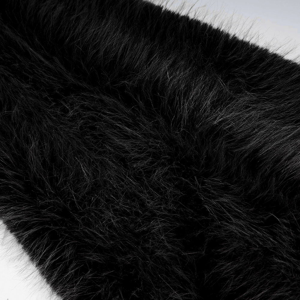 Soft black faux fur texture perfect for stylish leg warmers, adding warmth and punk flair to your outfit.