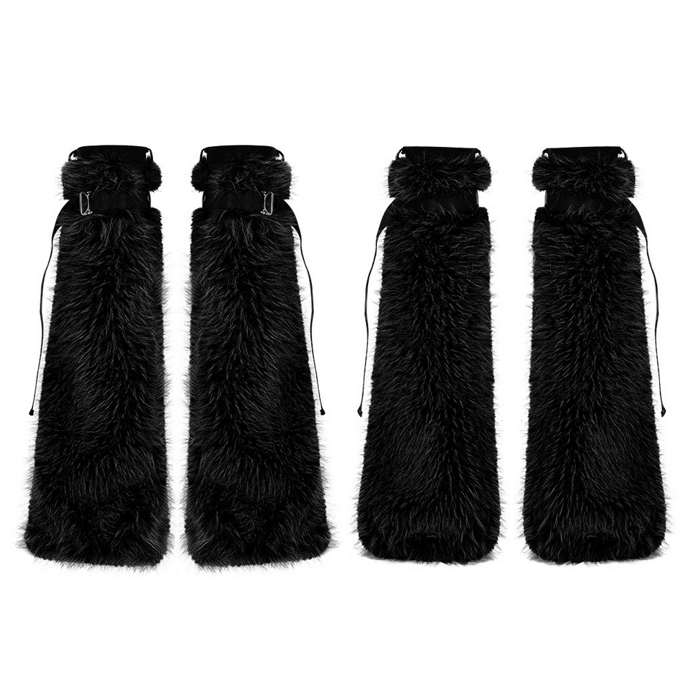 Gothic black faux fur leg warmers with adjustable loops for women, perfect for a punk rock look.