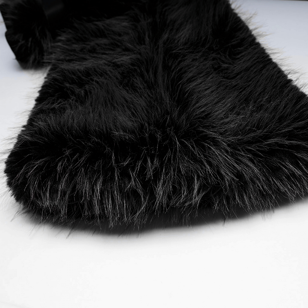Close-up of luxurious black faux fur fabric, perfect for trendy Gothic warm leg warmers for women.