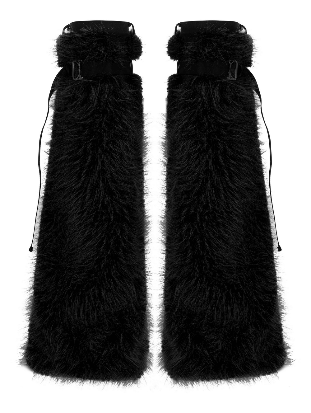 Gothic warm leg warmers in black faux fur with adjustable loops for a stylish rockstar look.
