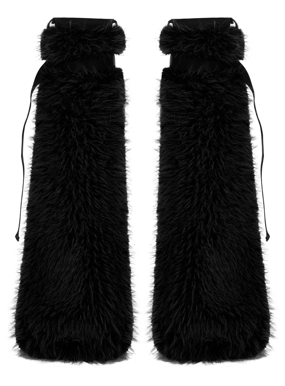 Gothic black faux fur leg warmers with detachable loops for women, perfect for a stylish punk rock look.