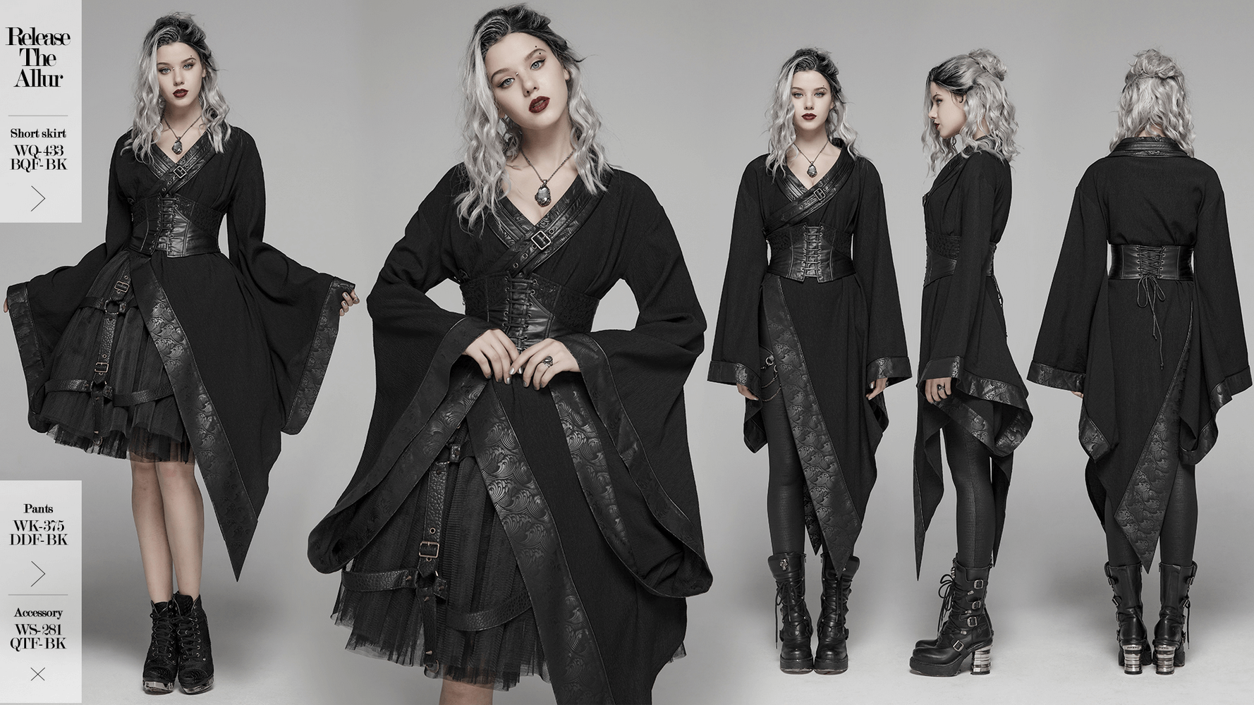 Gothic Wave Print Women's Kimono with Corset Detail, stylishly showcasing its dark punk fashion and elegant silhouette.
