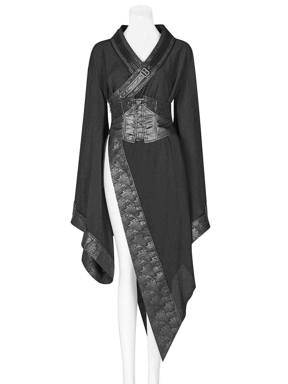 Gothic Wave Print Women's Kimono with Corset Detail, dark punk fashion with lace accents and side zip.