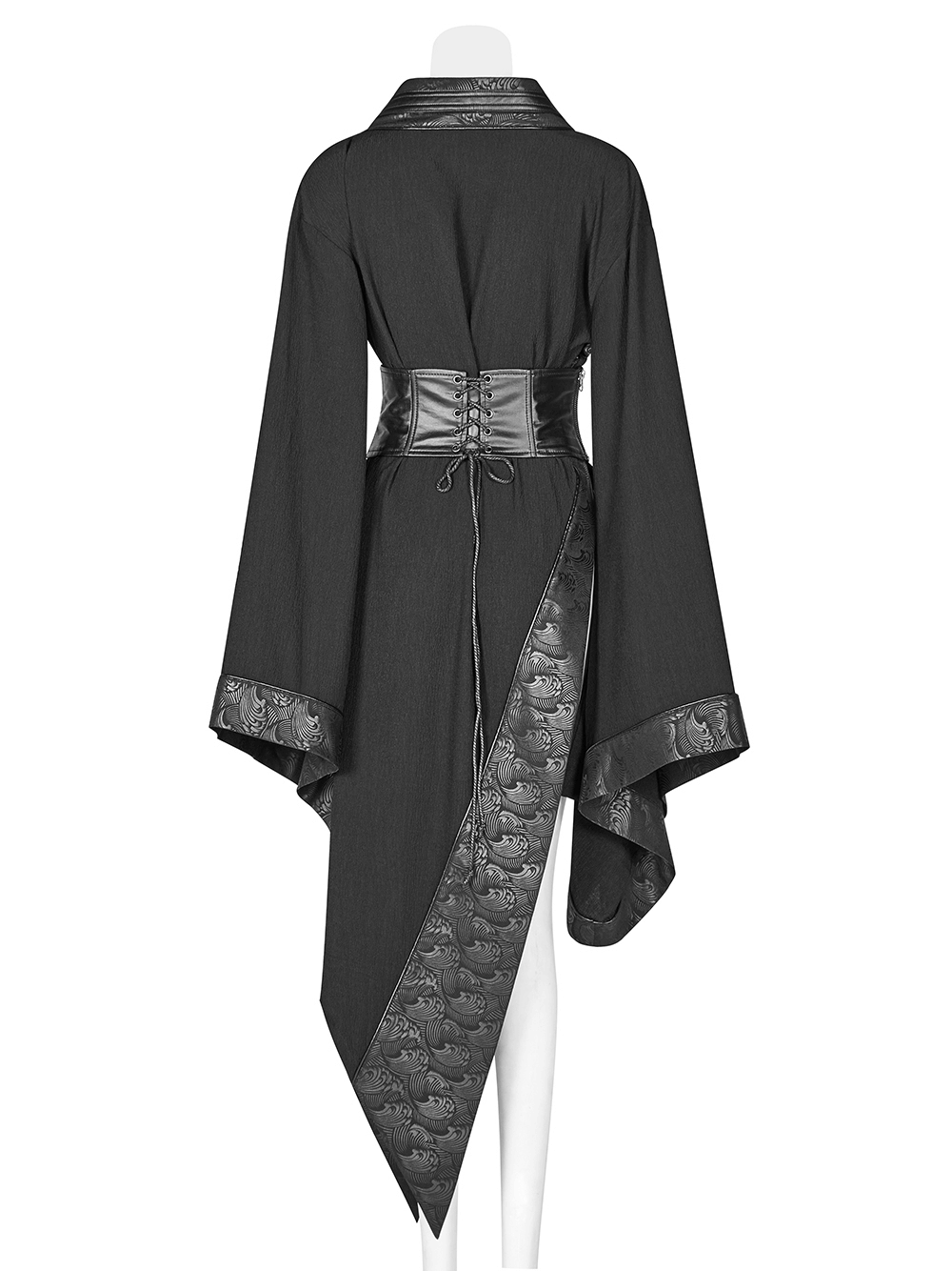 Back view of Gothic Wave Print Women's Kimono, featuring corset detail and elegant, flowing design.