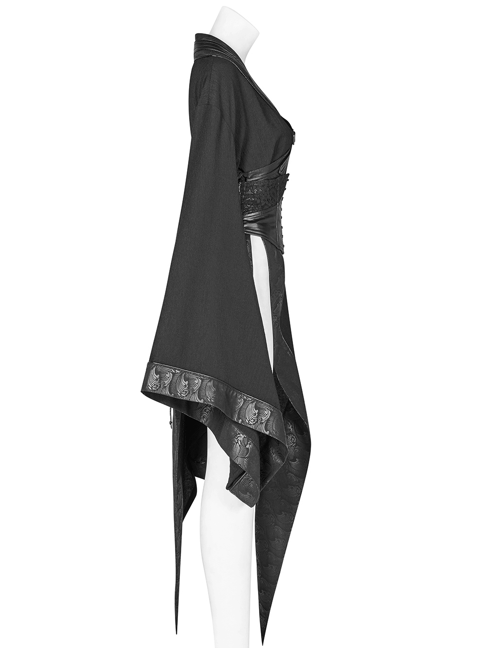 Gothic Wave Print Kimono with corset detail showcasing a dark punk style and elegant lace accents.