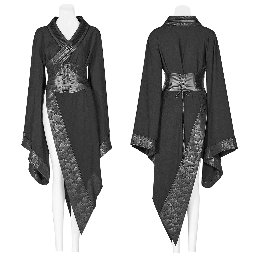 Gothic Wave Print Women's Kimono with Corset Detail, showcasing dark embossed fashion and a sleek silhouette.