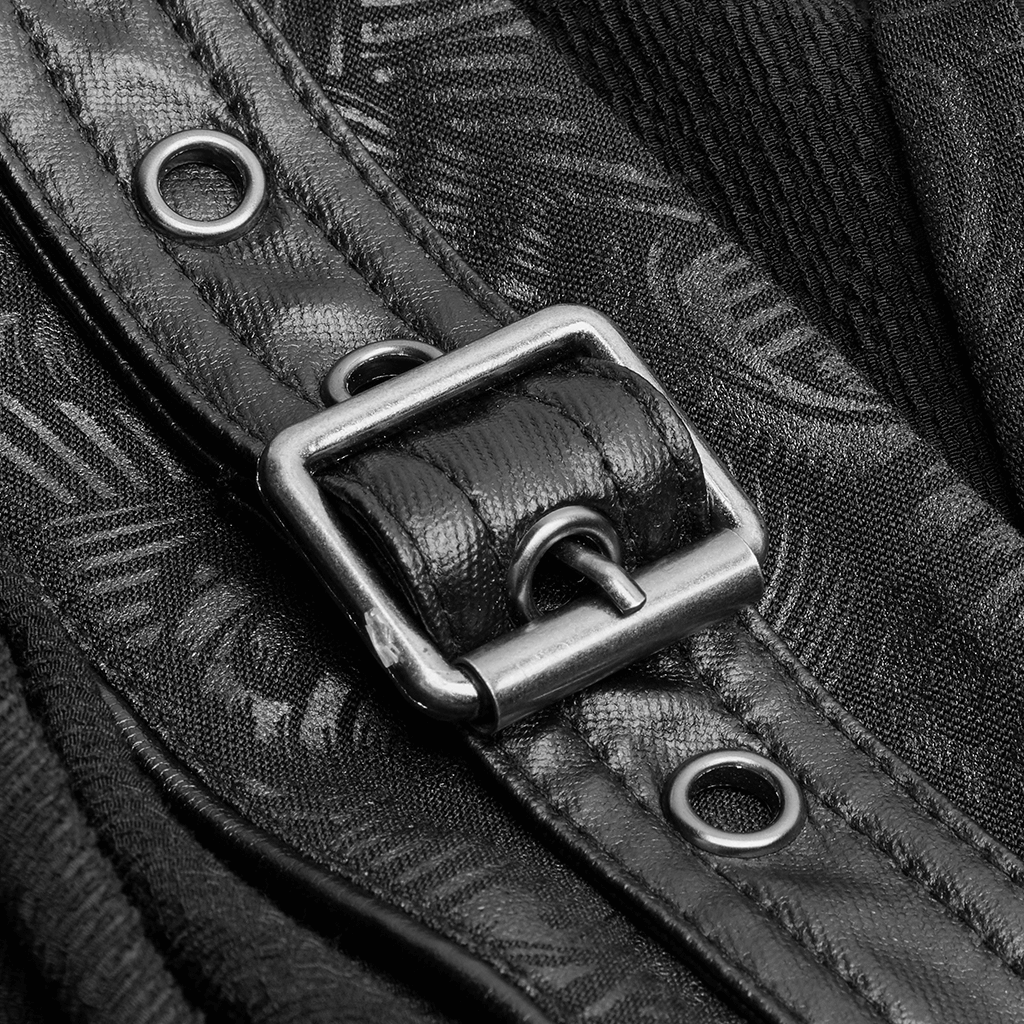 Close-up of a black gothic kimono detail with metal buckle and embossed fabric accents.