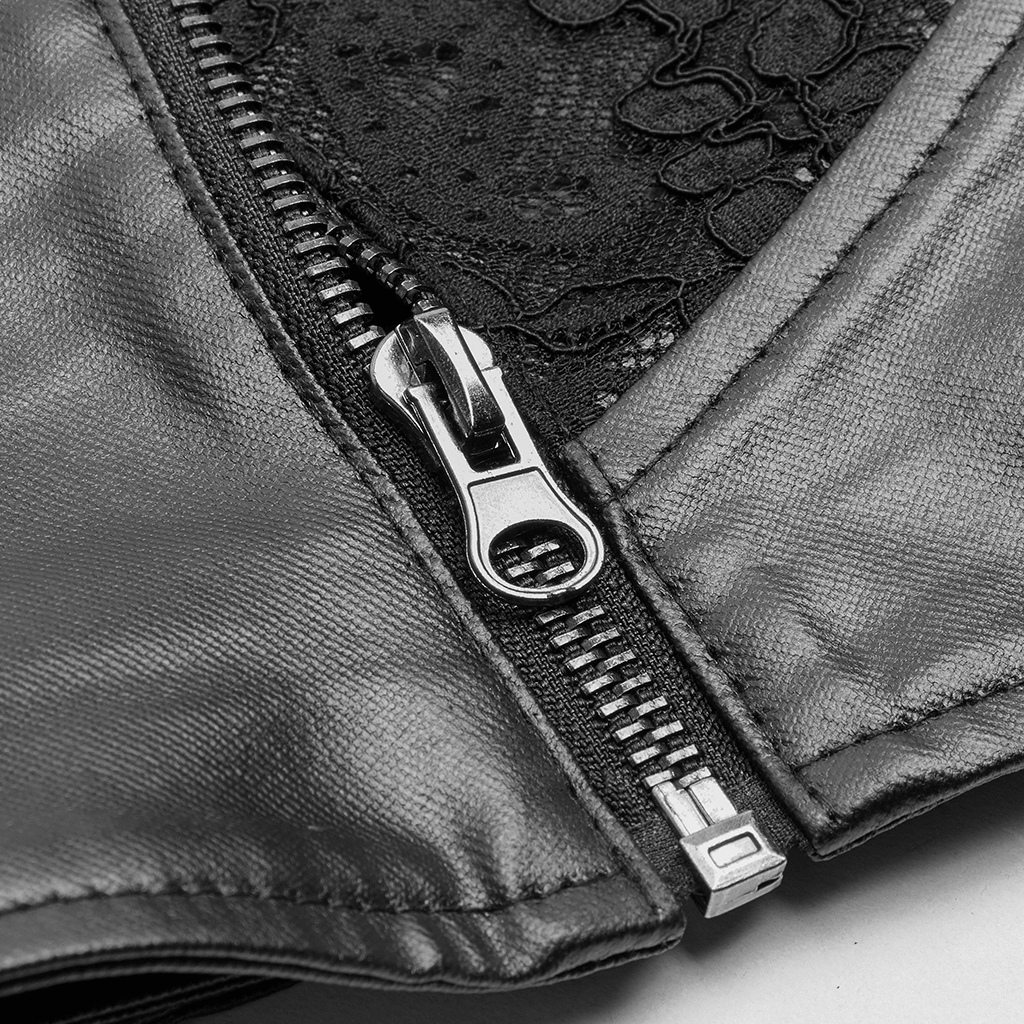 Close-up of the side metal zipper on a Gothic Kimono with lace accents.