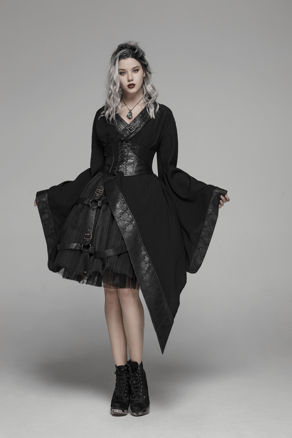 Gothic Wave Print Women's Kimono with Corset Detail, showcasing dark punk style and elegant lace accents.