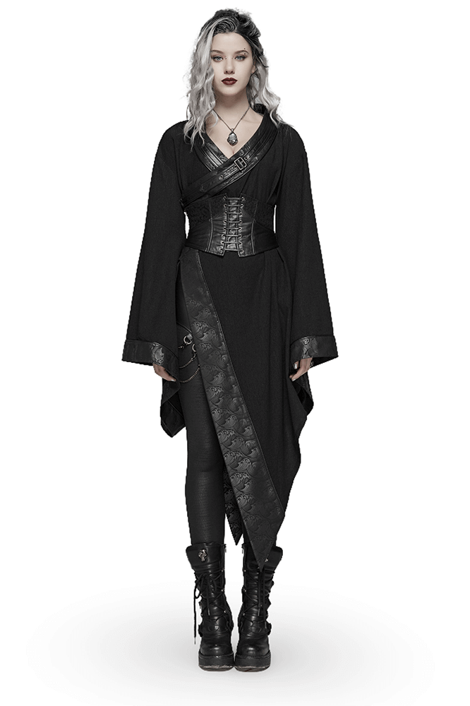 Gothic wave print women's kimono with corset detail, featuring a loose cut and lace accents, styled for dark punk fashion.