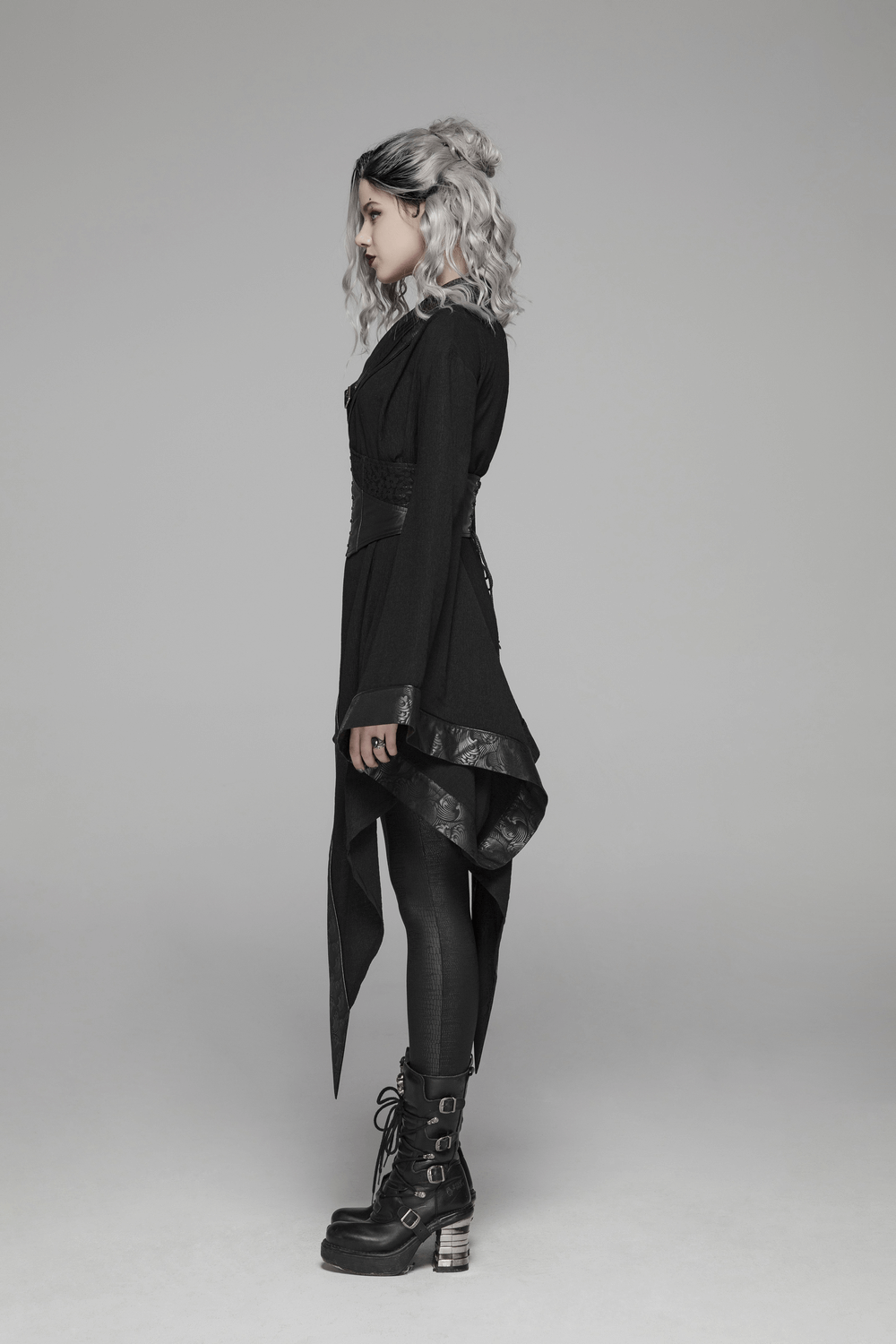 Gothic Wave Print Women's Kimono with Corset Detail, showcasing dark punk style and elegant silhouette.