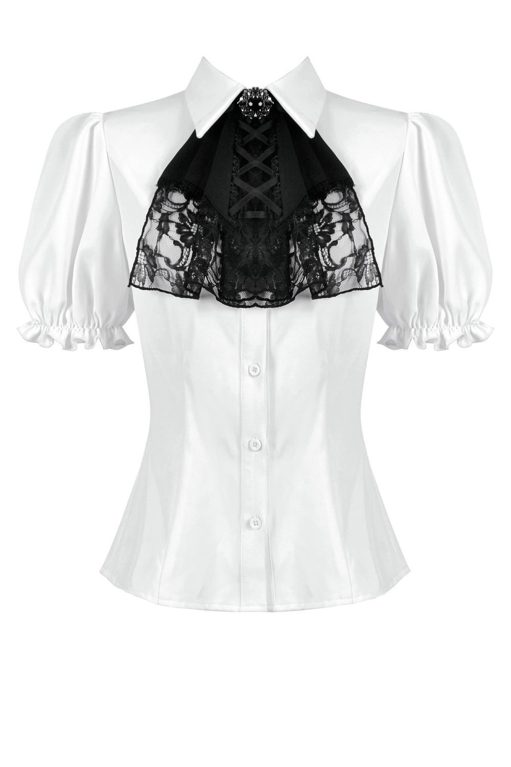 Gothic white blouse with detachable lace jabot and corset detail, perfect for Victorian and steampunk styles.