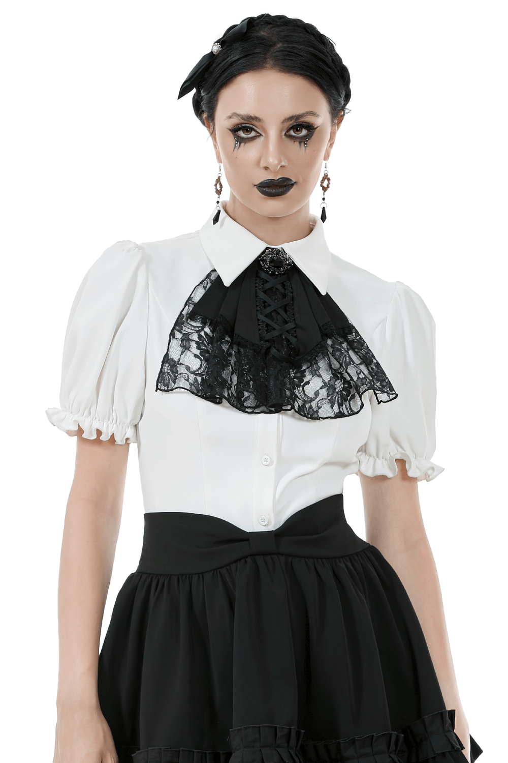 Gothic white blouse with puff sleeves and detachable lace jabot, perfect for alternative and Victorian styles.