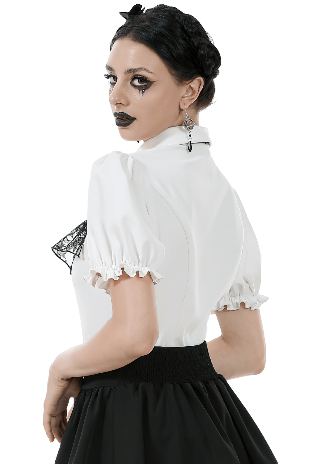 Gothic white blouse with puff sleeves, corset lace detail, and detachable lace jabot for alternative fashion.
