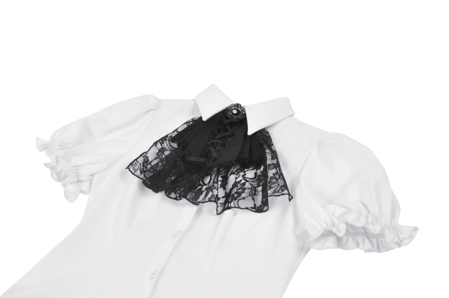 Gothic white blouse with detachable black lace jabot and puff sleeves, perfect for Victorian or steampunk styles.