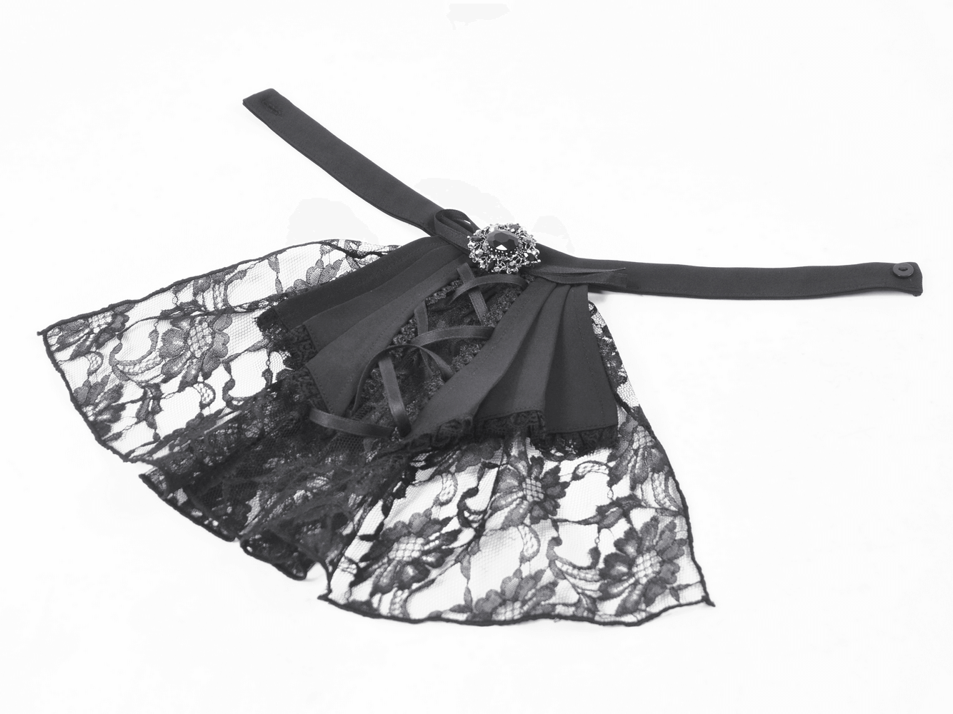 Gothic lace jabot with corset lacing and gemstone brooch for Victorian-style outfits.