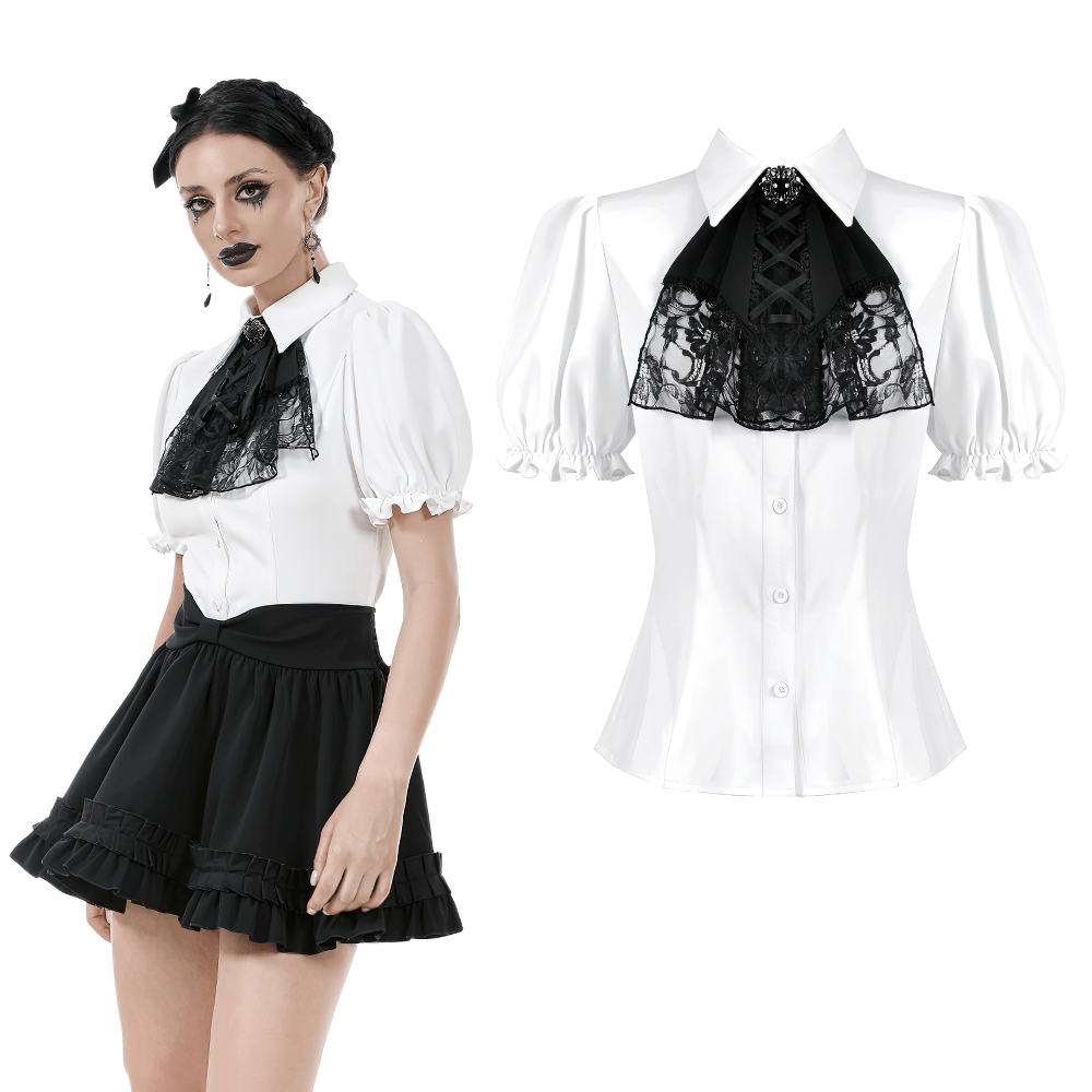 Gothic white blouse with detachable lace jabot and corset detail, perfect for dark academia and steampunk styles.