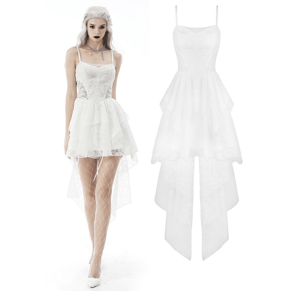 Gothic white butterfly dress with asymmetrical hem and delicate embroidery for a dark angel bridal look.