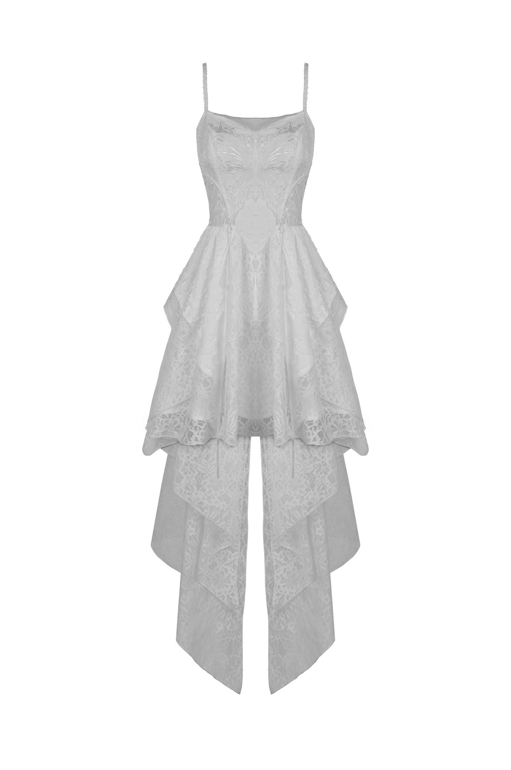 Gothic white butterfly wedding dress with asymmetrical hem and delicate embroidery by Dark In Love.