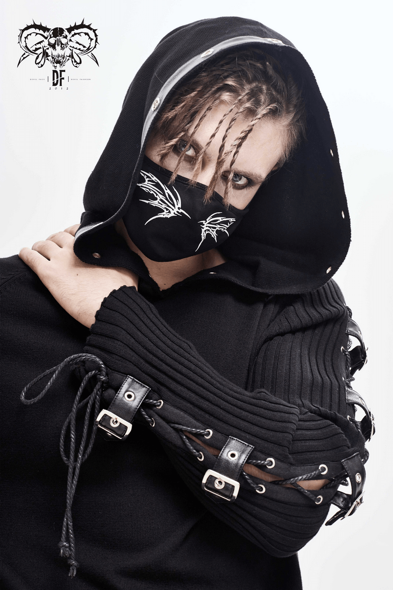 Unisex Gothic black mask with butterfly design, paired with stylish black outfit featuring unique details.
