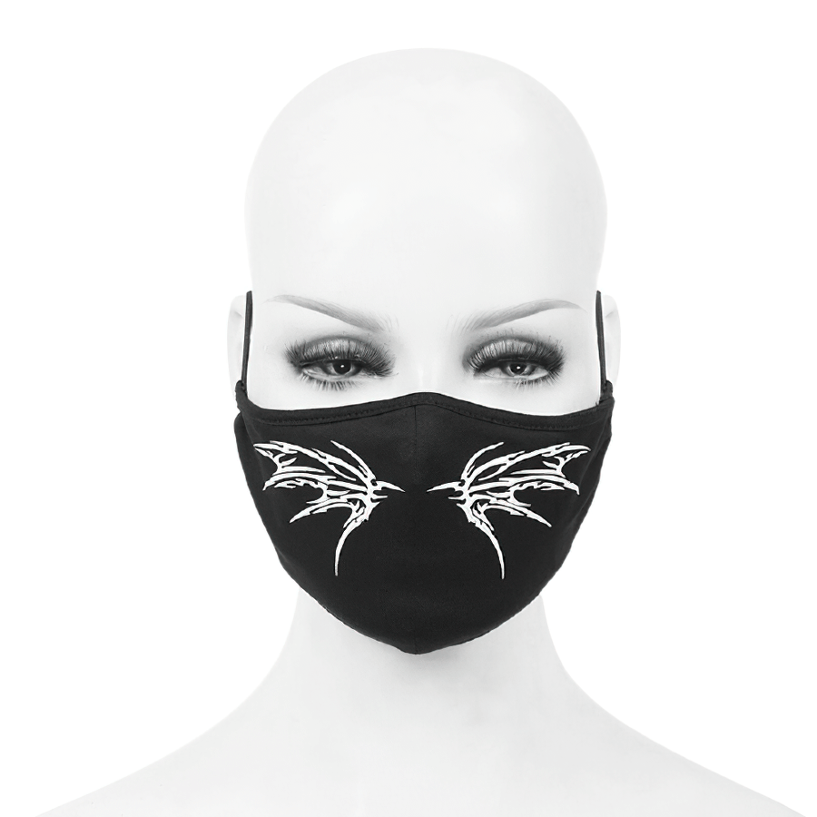 Gothic black butterfly face mask on mannequin, featuring adjustable elastic bands and stylish white butterfly wing design.