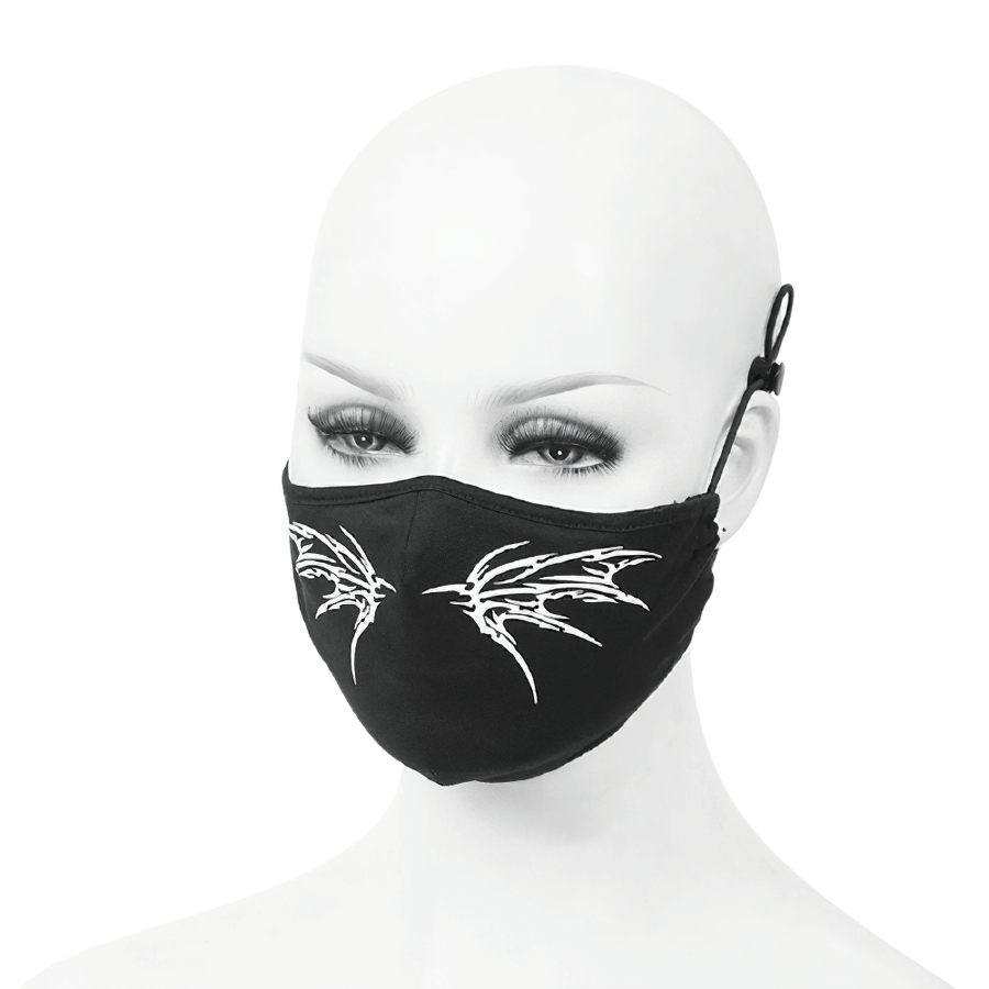 Gothic black butterfly face mask on a mannequin, featuring adjustable elastic bands and stylish white wing print.