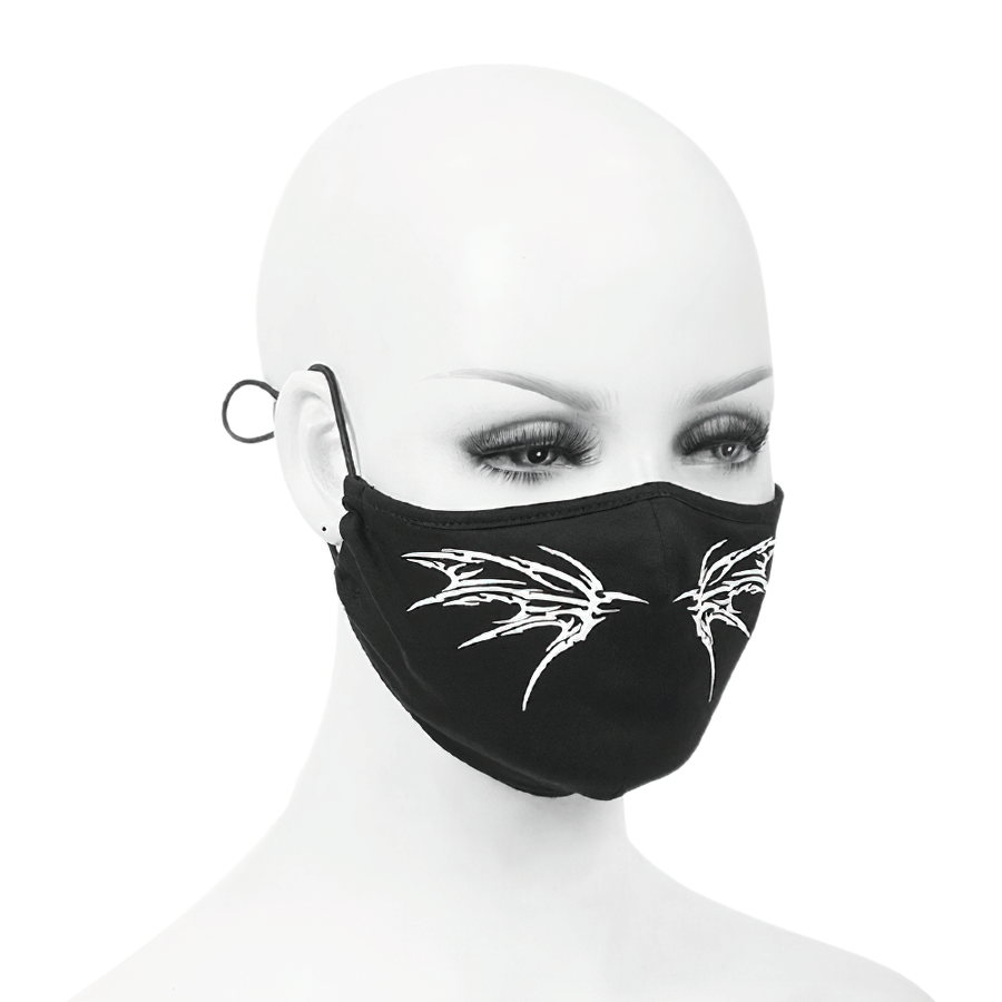 Gothic black butterfly face mask on a mannequin with adjustable elastic bands, perfect for a stylish gothic look.