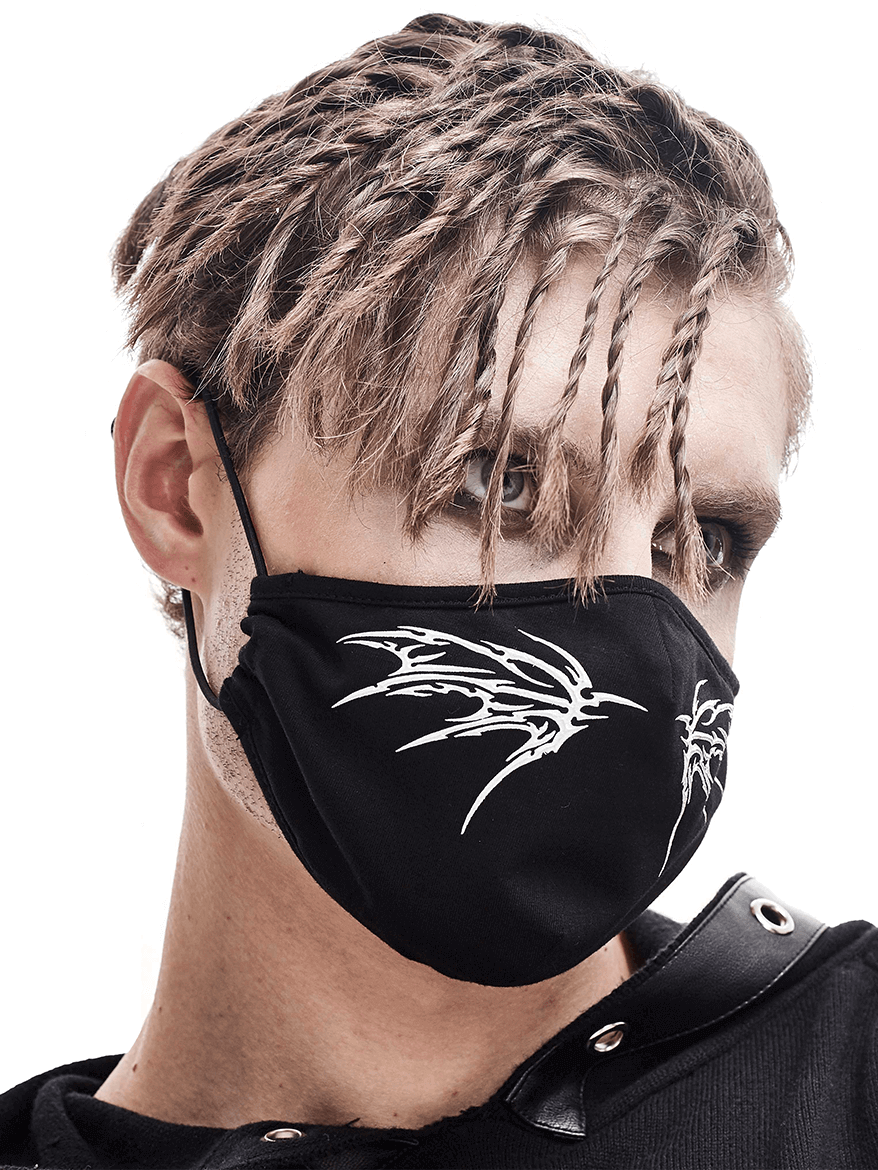 Unisex gothic style black mask with white butterfly print, featuring adjustable elastic bands for comfort.