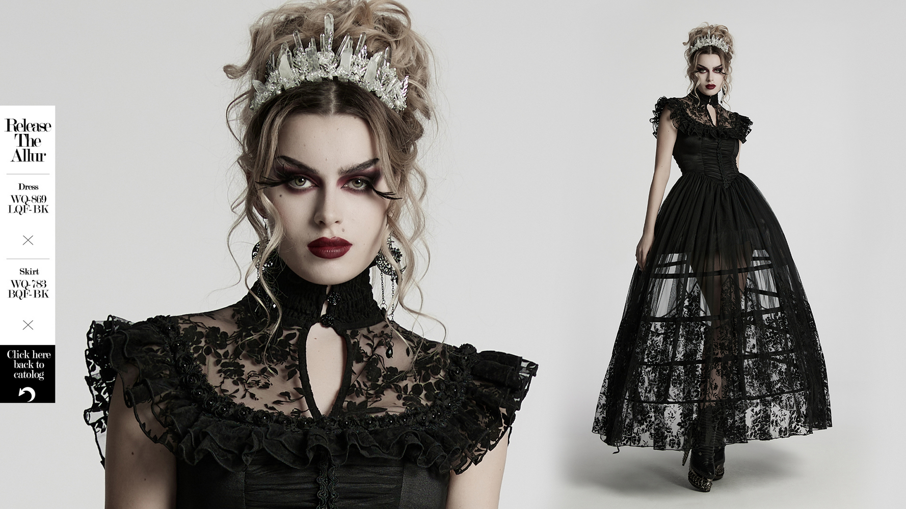 Gothic white crystal crown with frosted spikes worn by model in black lace dress, showcasing an elegant and mysterious style.
