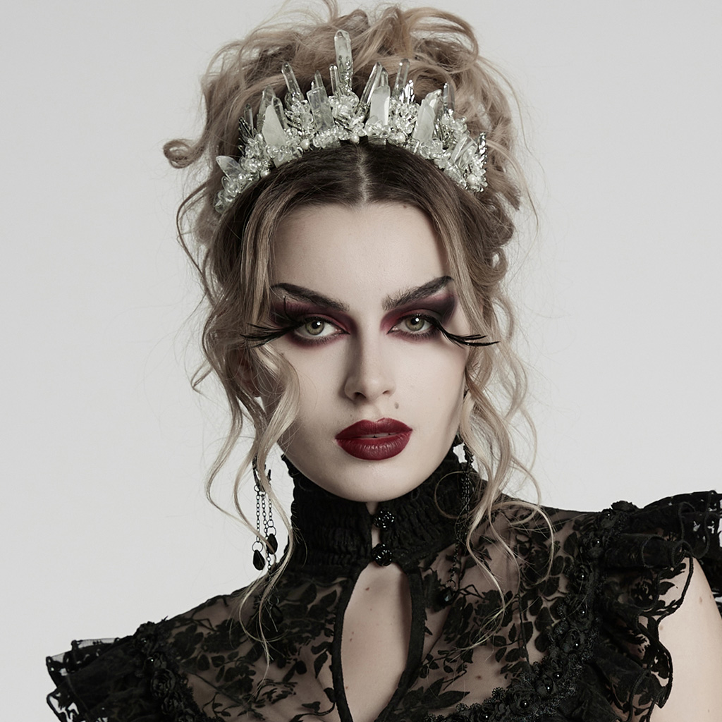 Gothic white crystal crown with frosted spikes and irregular beads, perfect for alternative fashion enthusiasts.