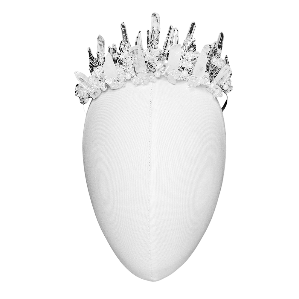 Gothic white crystal crown with frosted spikes, featuring irregular beaded design and natural crystals, perfect for alternative fashion.