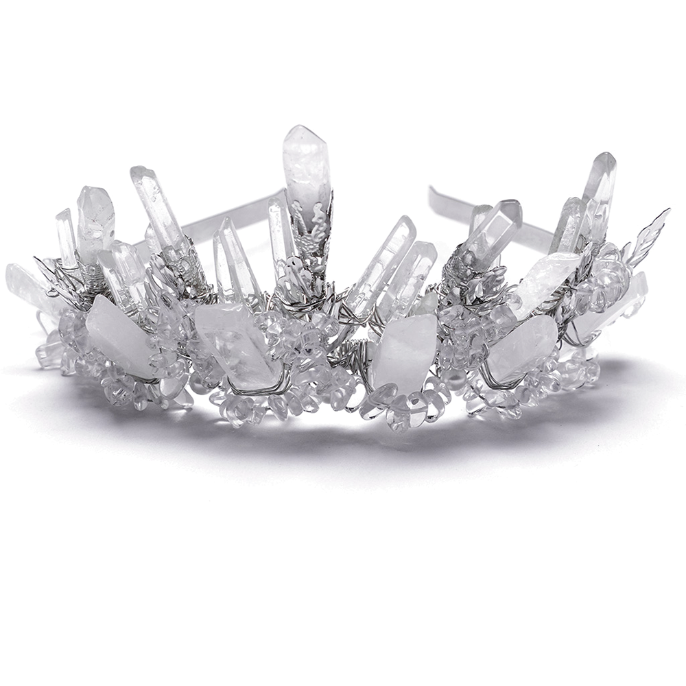 Gothic white crystal crown headband with frosted spikes and irregular beaded design, perfect for alternative fashion.