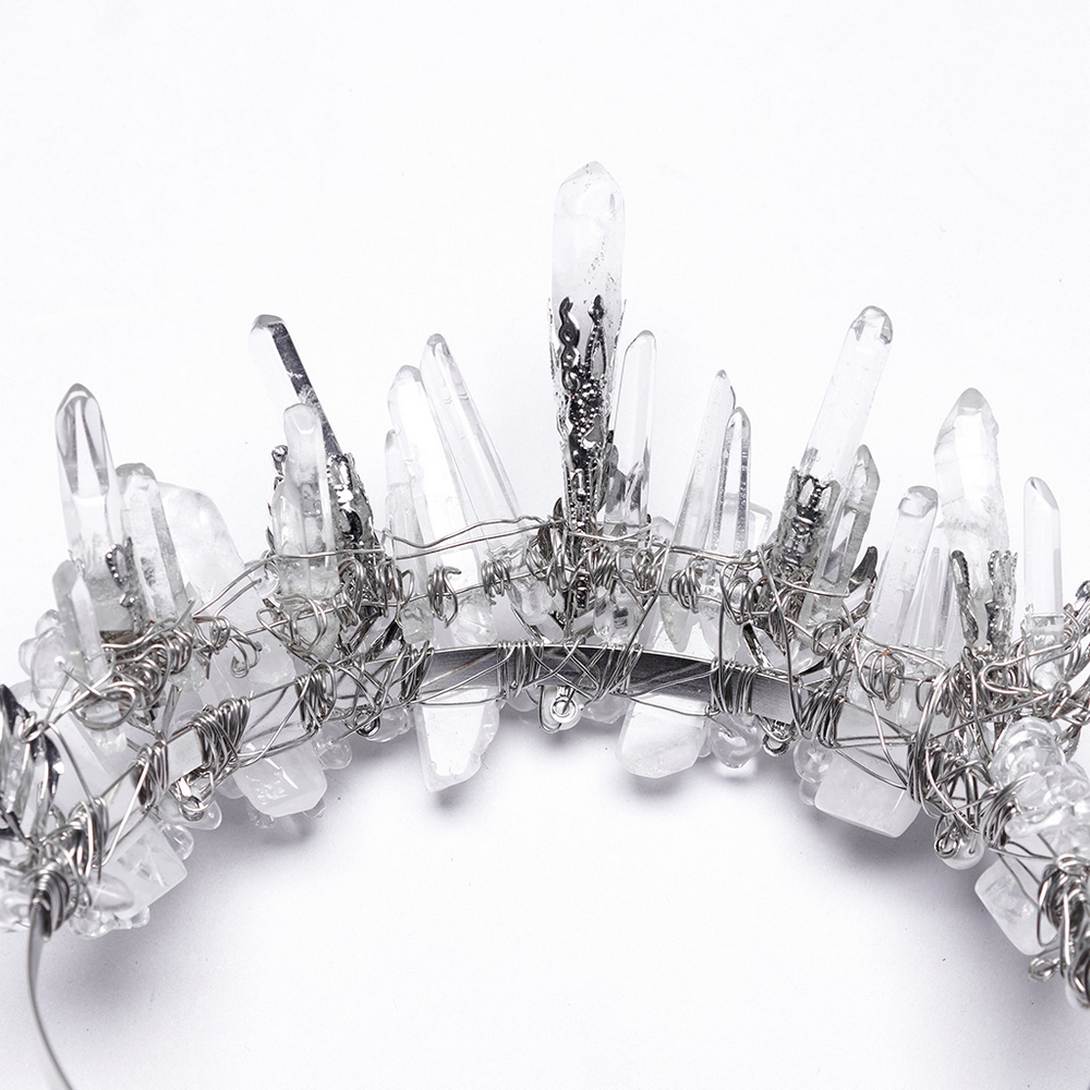 Handcrafted gothic crown with white crystals and frosted spikes, perfect for alternative and winter-themed fashion.