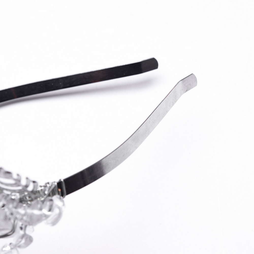 Gothic white crystal crown headband showcasing silver band and intricate bead details.