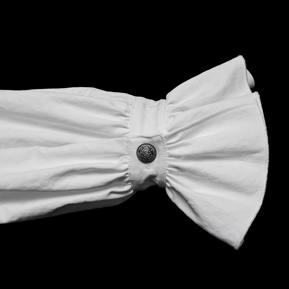 Gothic White Ruffled Long Sleeve Shirt with Lace Details featuring ruffled sleeves and button accents.