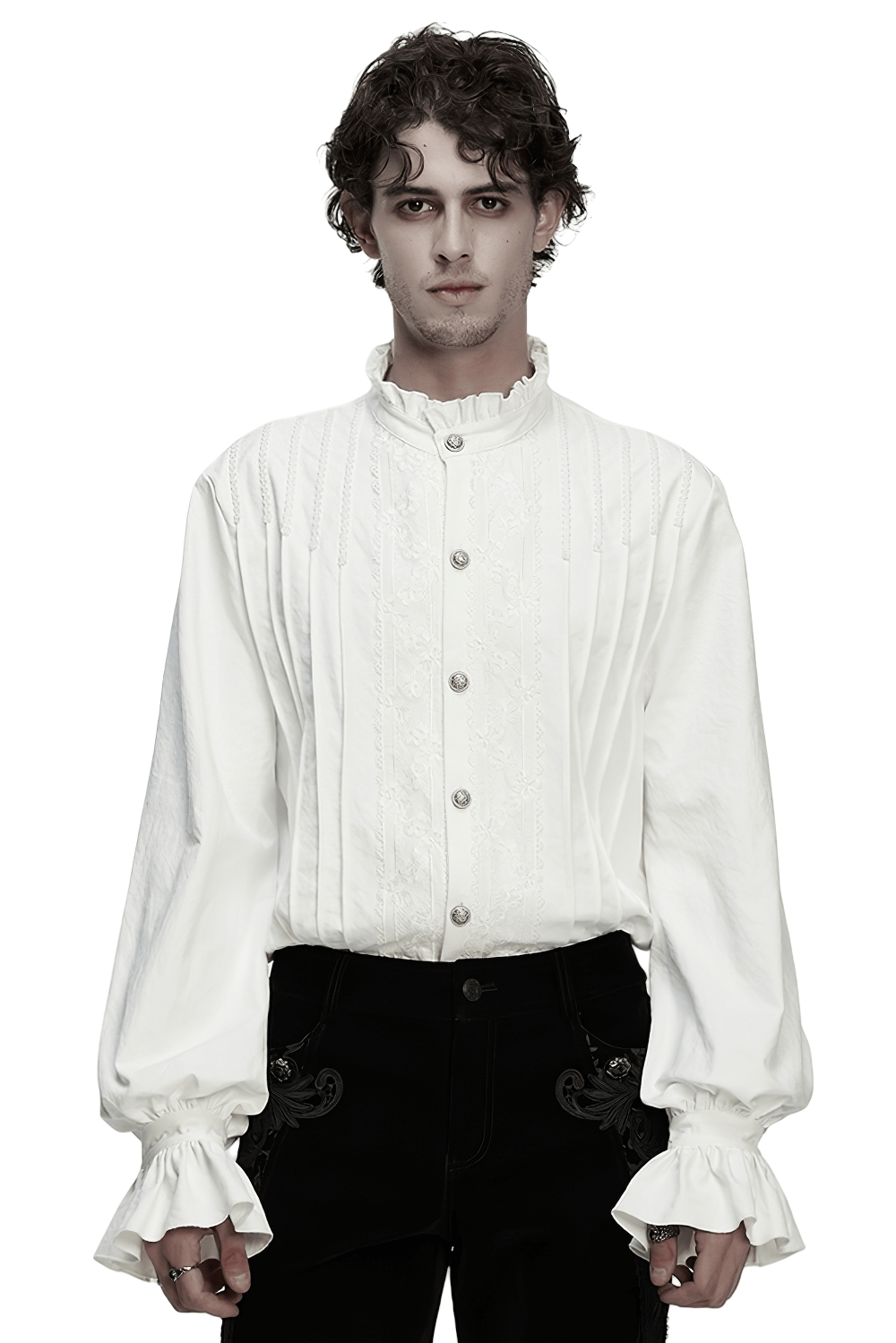Gothic White Ruffled Long Sleeve Shirt with Lace Details worn by a model, showcasing intricate pleating and ruffled sleeves.