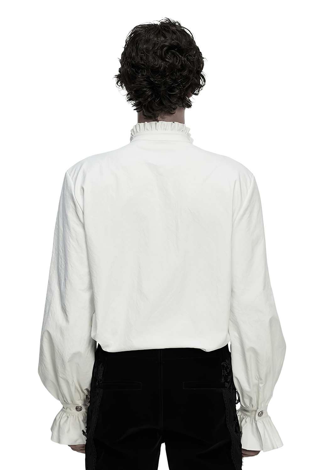 Gothic White Ruffled Long Sleeve Shirt with Lace Details, featuring ruffled cuffs and standing collar from the back.