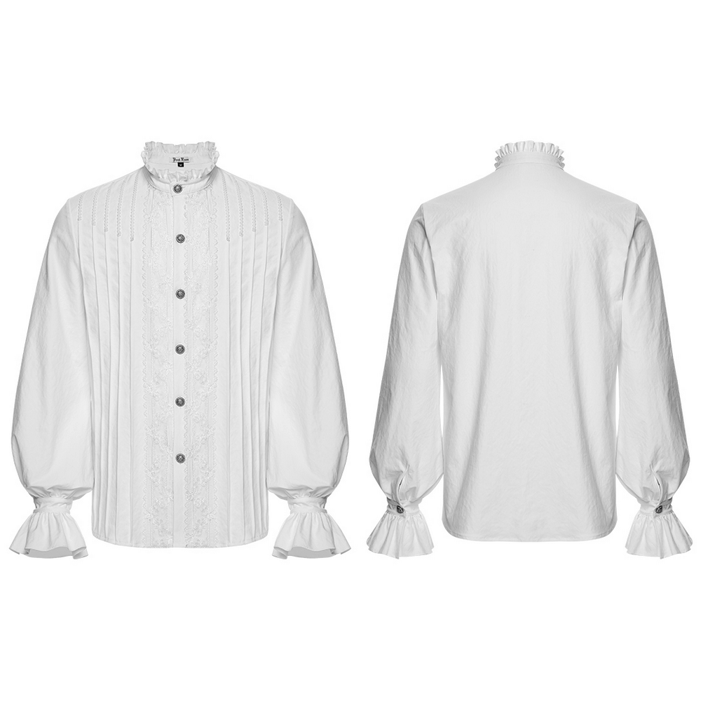 Gothic White Ruffled Long Sleeve Shirt with Lace Details showcasing pleats and ruffled cuffs, perfect for a gothic style.