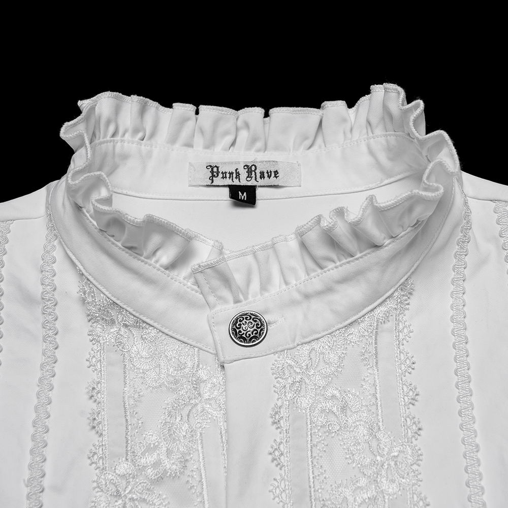 Gothic White Ruffled Long Sleeve Shirt with Lace Details collar and button design close-up
