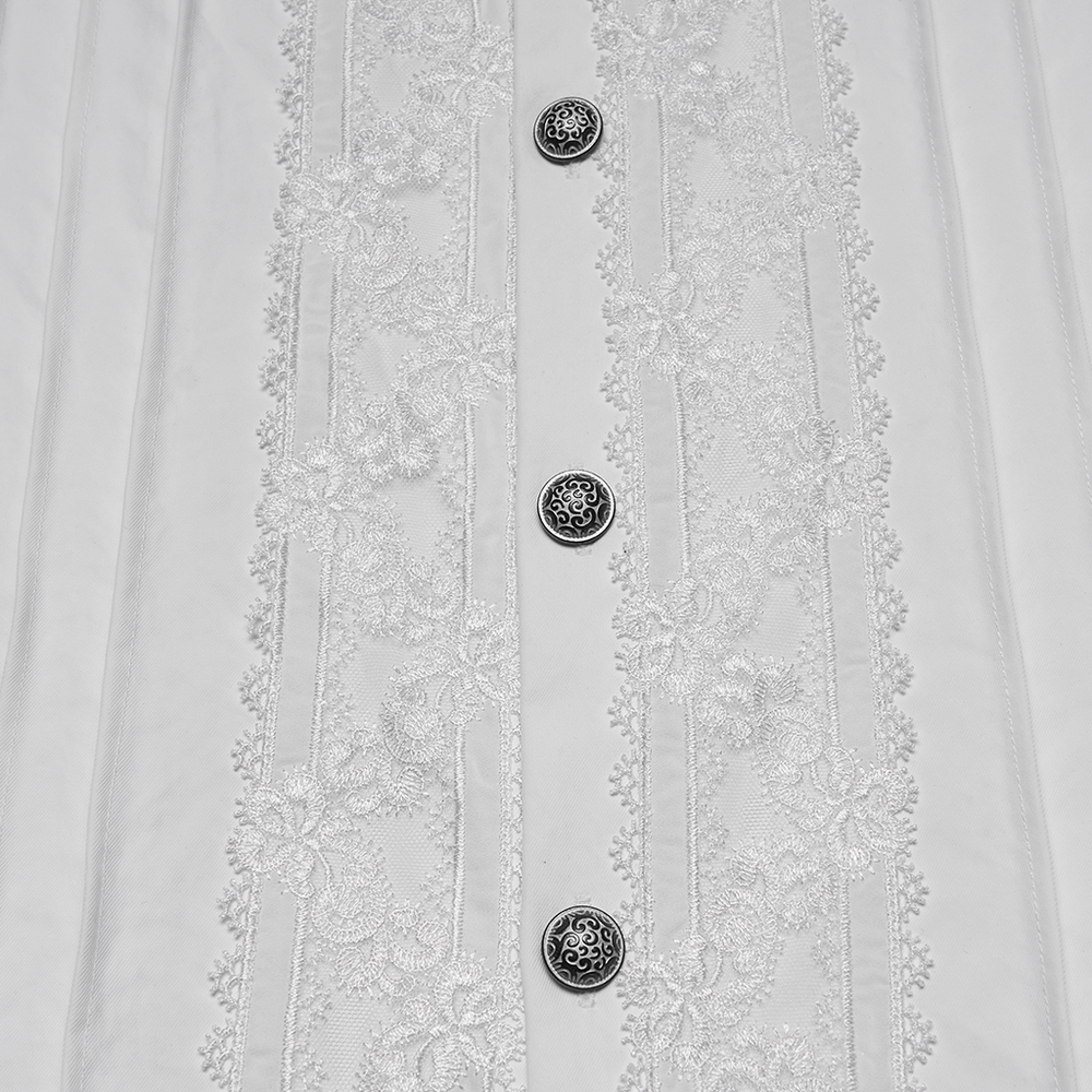 Gothic White Ruffled Long Sleeve Shirt with Lace Details showcasing intricate lace and elegant silver buttons.