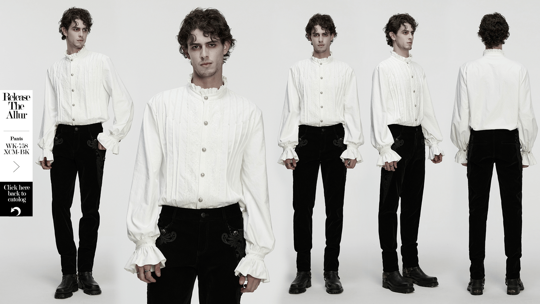 Gothic White Ruffled Long Sleeve Shirt with Lace Details displayed from multiple angles on a male model.
