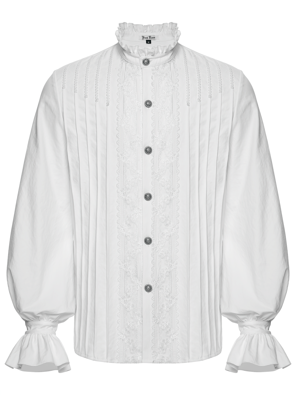 Gothic White Ruffled Long Sleeve Shirt with Lace Details featuring 3D pleating, ruffled sleeves, and intricate lace accents.