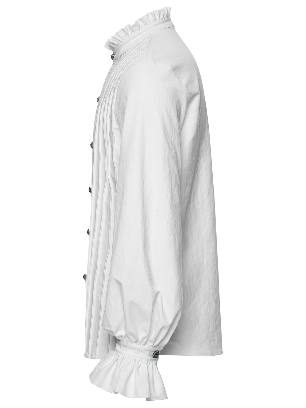 Gothic White Ruffled Long Sleeve Shirt with Lace Details side view showcasing 3D pleating and ruffled sleeves.