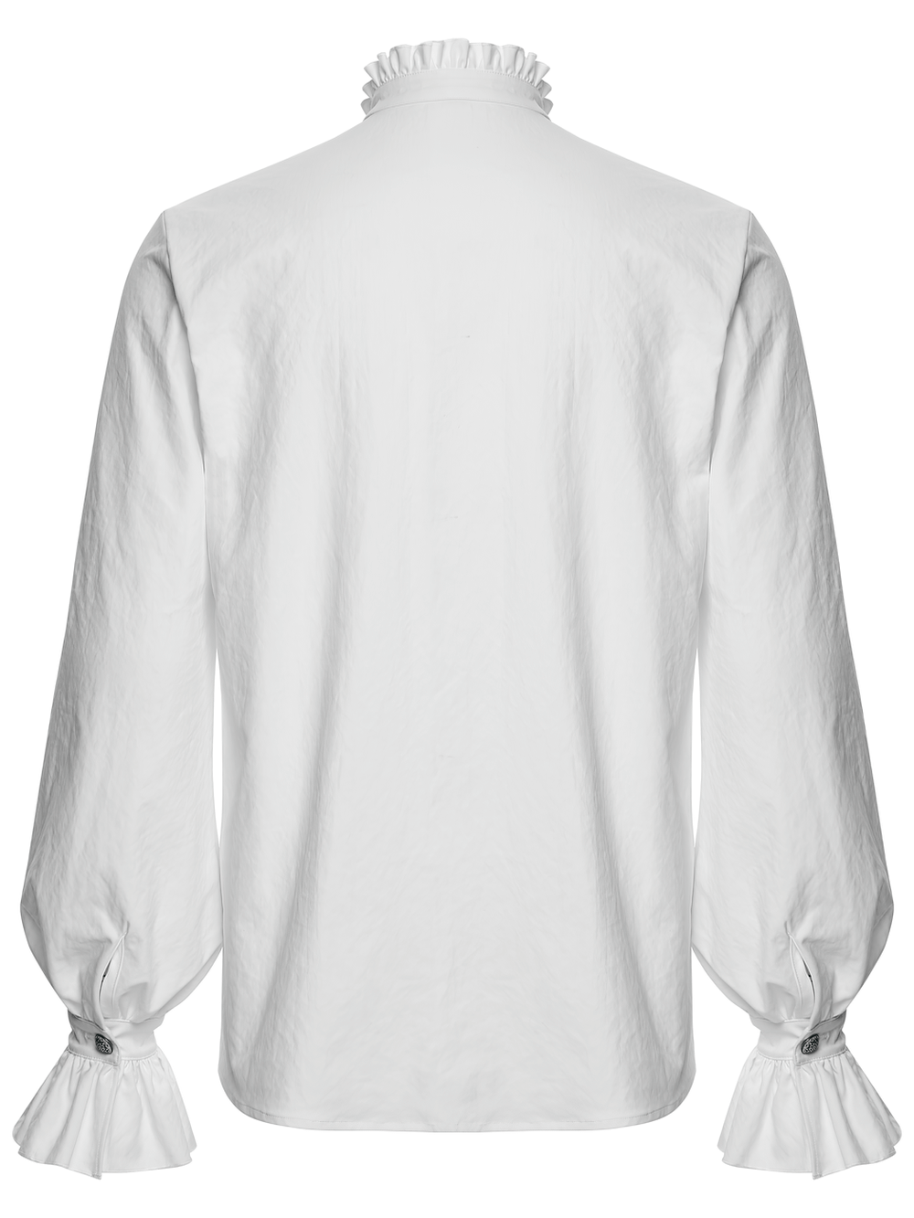 Gothic White Ruffled Long Sleeve Shirt with Lace Details - Back view showcasing ruffled sleeves and collar.