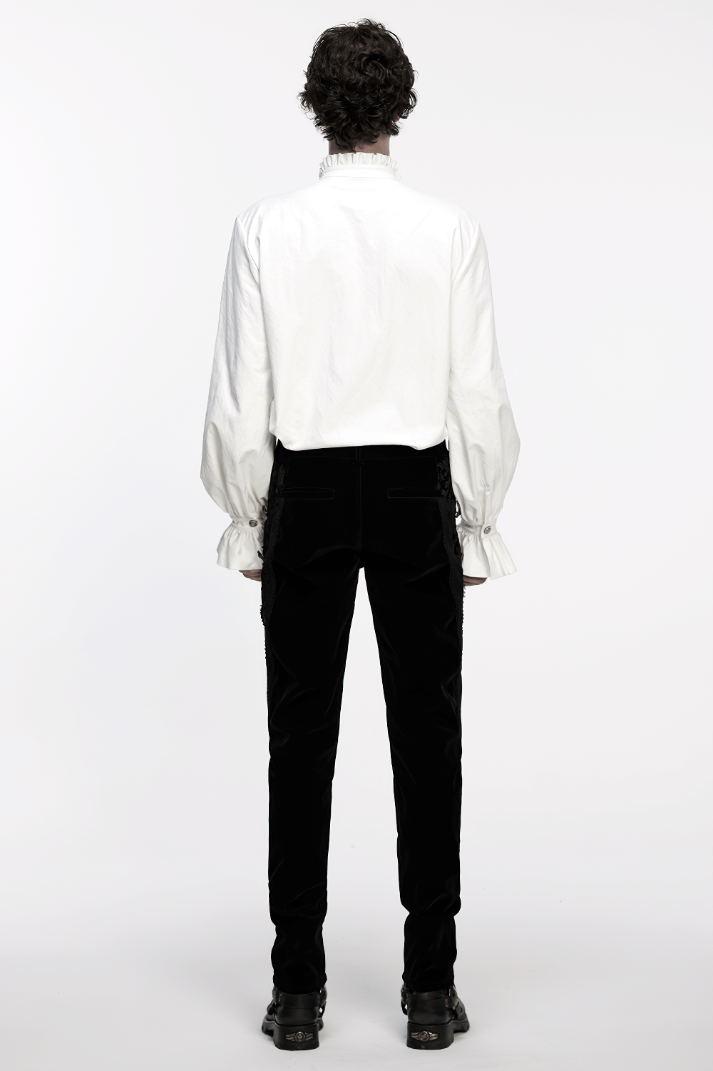 Gothic White Ruffled Long Sleeve Shirt with Lace Details worn with black pants, showcasing the elegant back view.