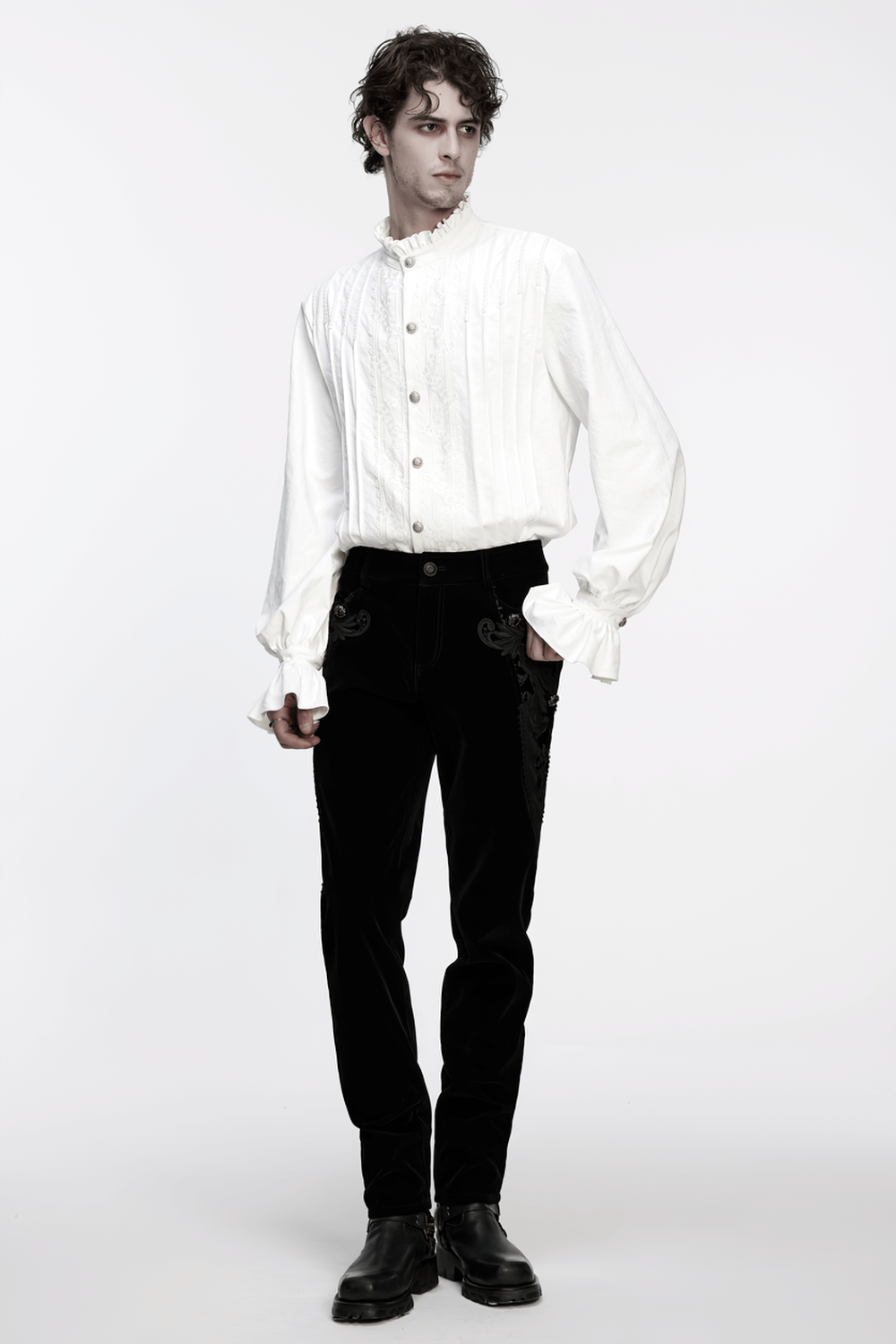 Gothic White Ruffled Long Sleeve Shirt with Lace Details worn by model, showcasing 3D pleating and ruffled sleeves.