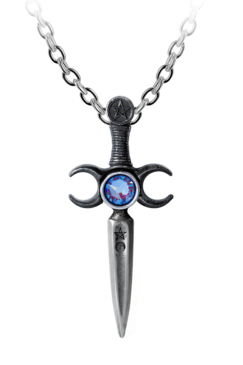 Gothic Wiccan ceremonial athame dagger pendant with crescent moons and blue crystal, ideal for ritual magic.