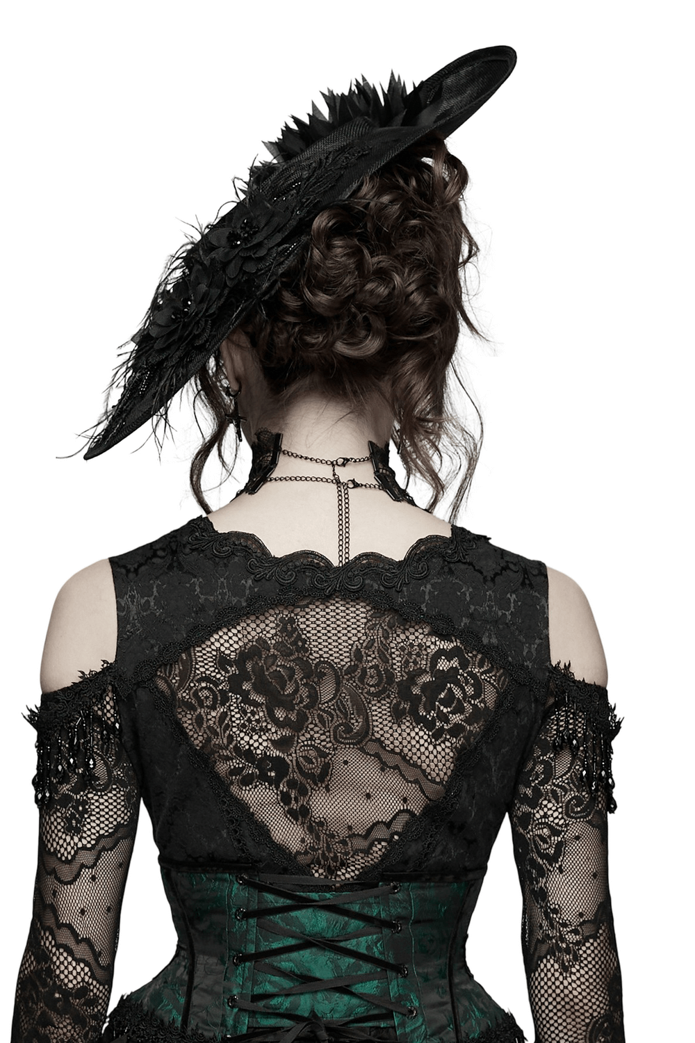 Gothic Wide Brim Feather Fascinator Hat in Black worn with intricate lace dress from behind.