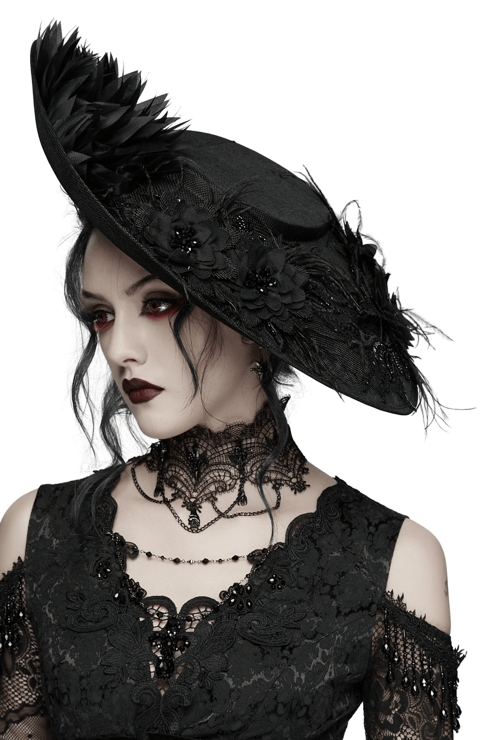 Gothic Wide Brim Feather Fascinator Hat in Black worn by a model with dark makeup and elegant attire.
